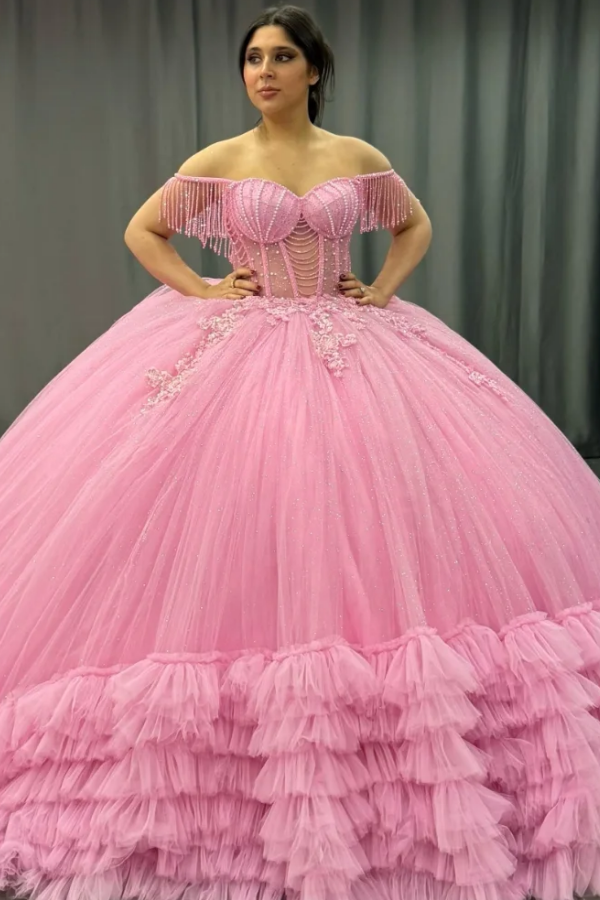Langes Quinceanera-Kleid mit Herzausschnitt für Damen, trägerloses Korsett mit Blumenapplikationen, Perlenbesetztes Tüll-Ballkleid 