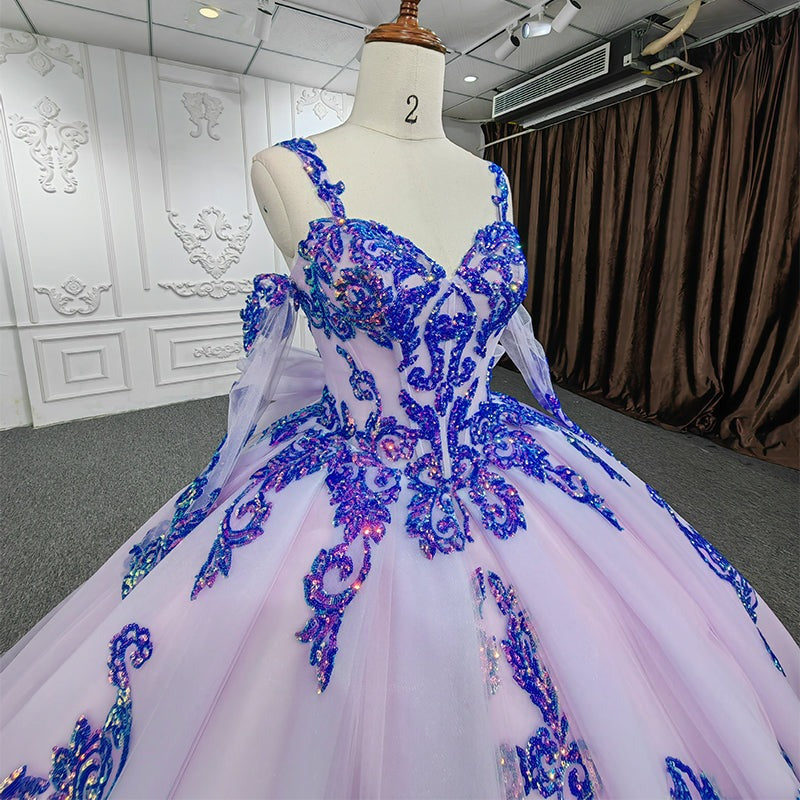 Purple Quinceanera Dresses Sequined Ball Gown Beaded Spaghetti Straps Sweetheart Bow Tiered Ruffles Sweet 16 Evening Party Dress