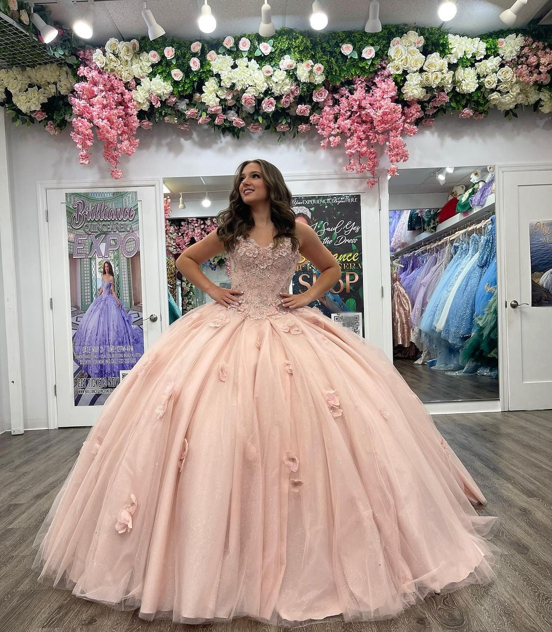 WQ1119 - Cute & Chic Ball Gown Sweetheart Neck Flower Lace Appliques Beaded Pink Tulle Birthday Party Gown Quinceanera Dress for Sweet 16