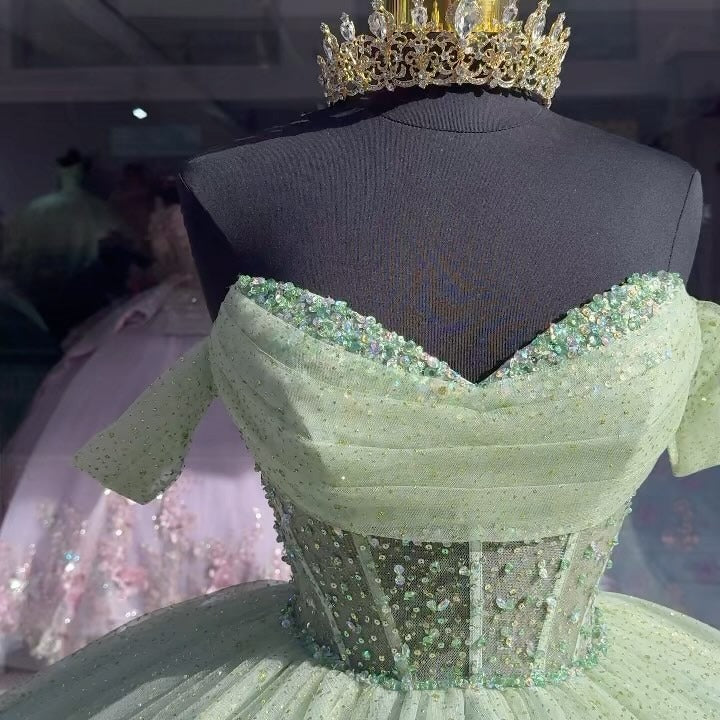 Robe de Quinceanera vert sauge à paillettes, robe de bal à épaules dénudées, robe de bal corset, robe de soirée en tulle pailleté perlé, robe de soirée princesse Sweet 15 16