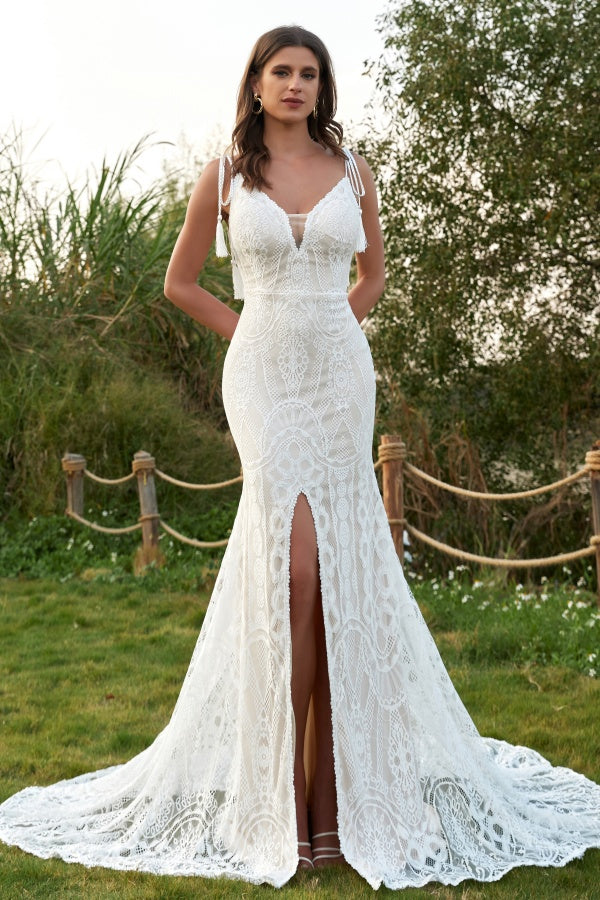 WW1003 - Elegant Mermaid Low V Neck Spaghetti Straps Sleeveless Bohemian Wedding Dress Fully Lace Open Back High Side Slit Court Train Bridal Gown