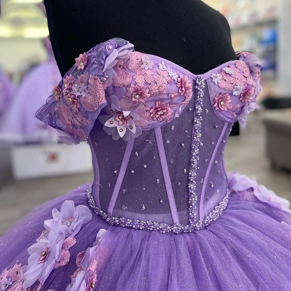 Robes de Quinceanera violettes à paillettes étincelantes, épaules dénudées, décolleté en cœur, perles, fleurs 3D, appliques en dentelle, fête d'anniversaire, laçage dans le dos, corset, robes Sweet 16