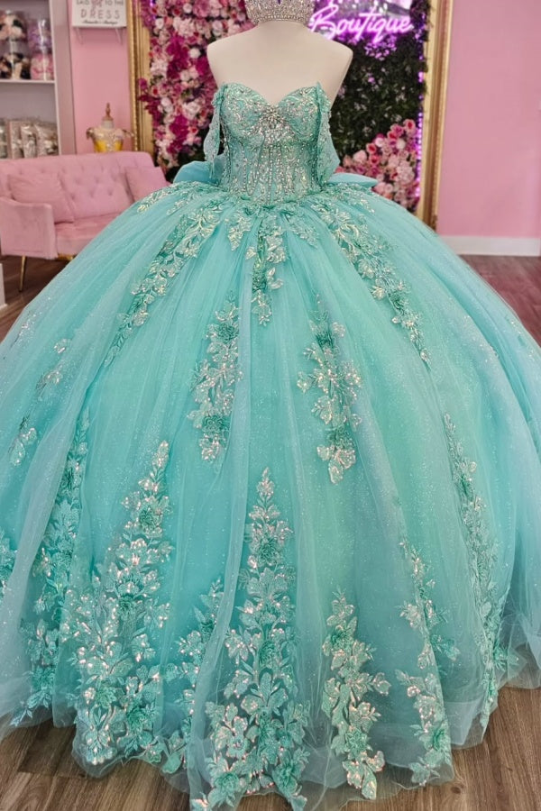 Langes Quinceanera-Kleid mit Herzausschnitt für Damen, trägerloses Korsett mit Blumenapplikationen, Perlenbesetztes Tüll-Ballkleid 