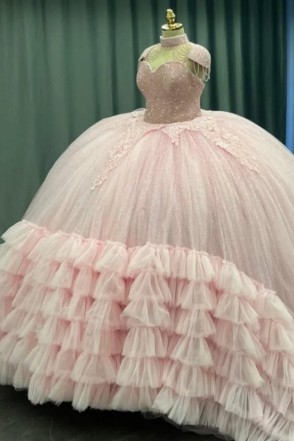 WQ1318 - Vestido de quinceañera de tul rosa bebé con escote corazón, mangas cortas y apliques de cuentas, vestido formal de noche para dulces 16