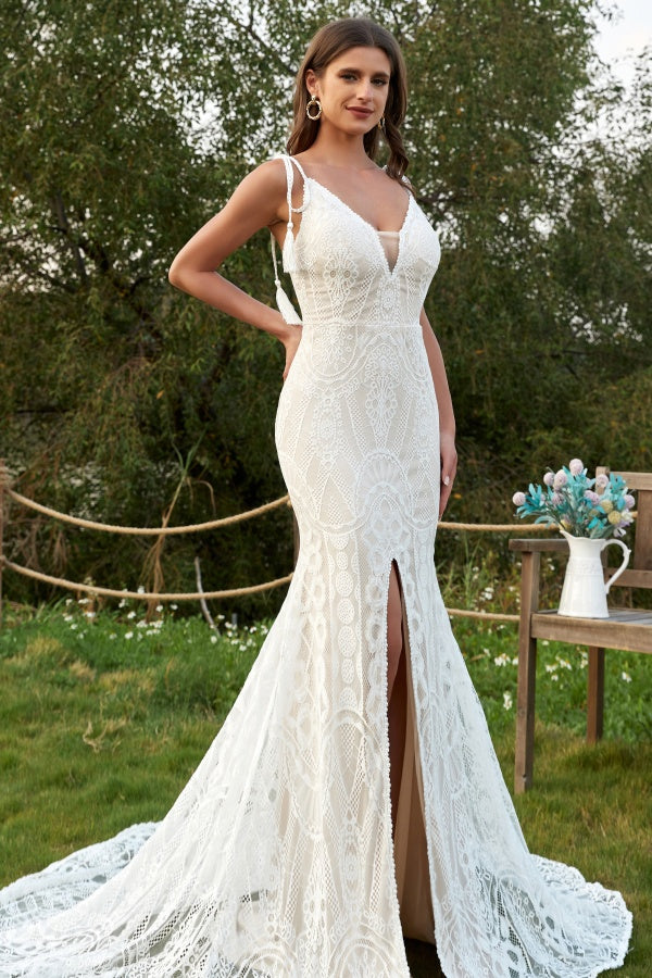 WW1003 - Elegant Mermaid Low V Neck Spaghetti Straps Sleeveless Bohemian Wedding Dress Fully Lace Open Back High Side Slit Court Train Bridal Gown