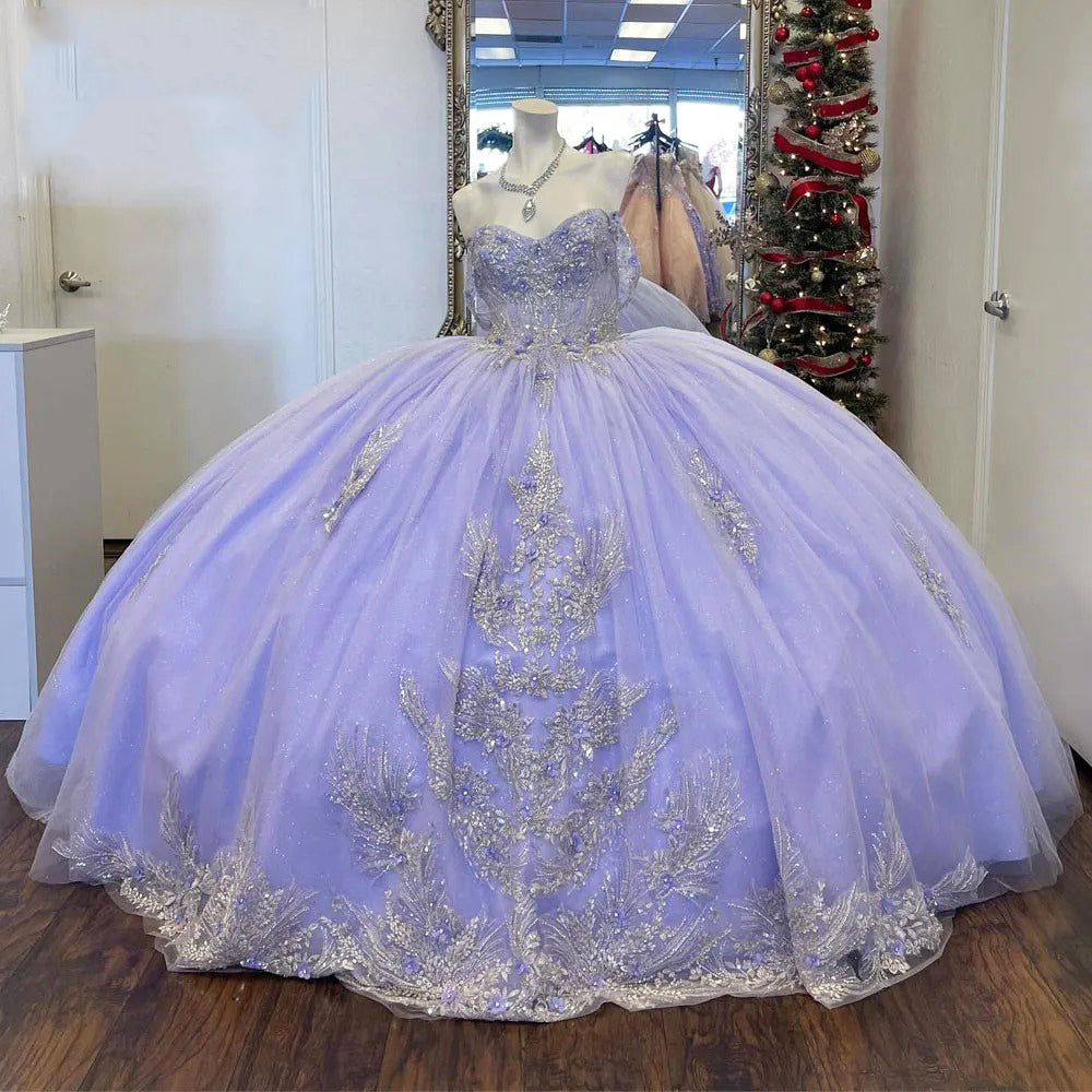 Sparkly Lavender Quinceanera Dress 2024 Ball Gown Appliques Lace Off Shoulder Beading Corset Sweet 15 16 Years Old Elegant Party Dresses for Women