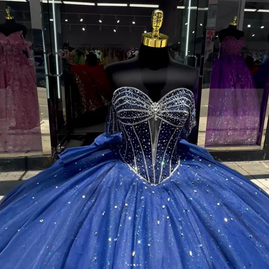 Luxuriöse königsblaue Ballkleider Quinceanera-Kleider mit Perlen, schulterfrei, herzförmiger Ausschnitt, Schleife, Glitzer, Tüll, Korsett, Sweet 16, Prinzessinnen-Partykleid