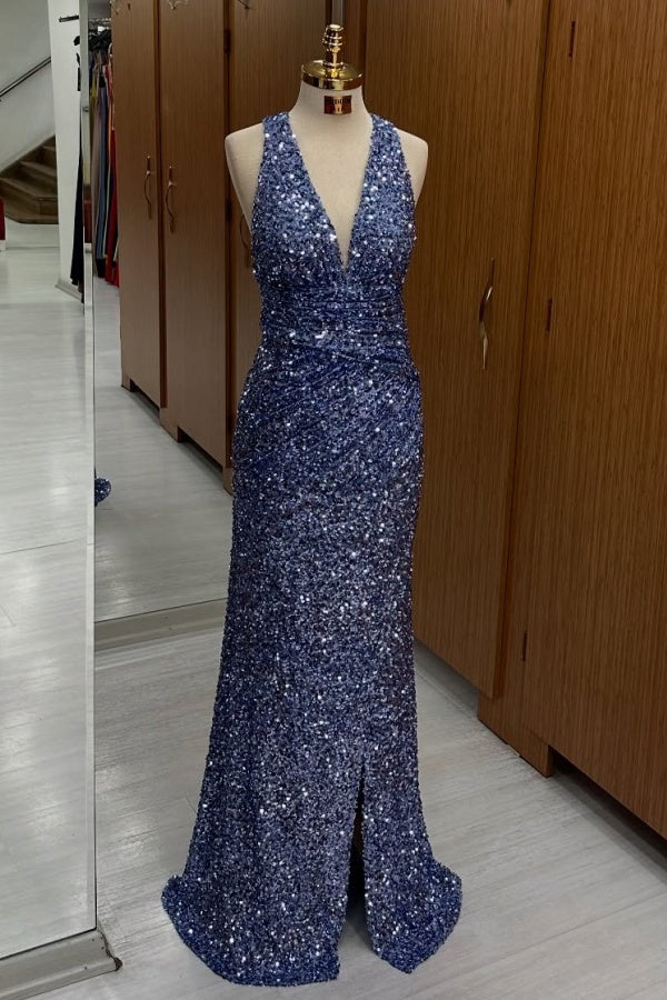 Low V Neck Halter Ruched Sequins Side Slit and Train Prom Dress WU1498