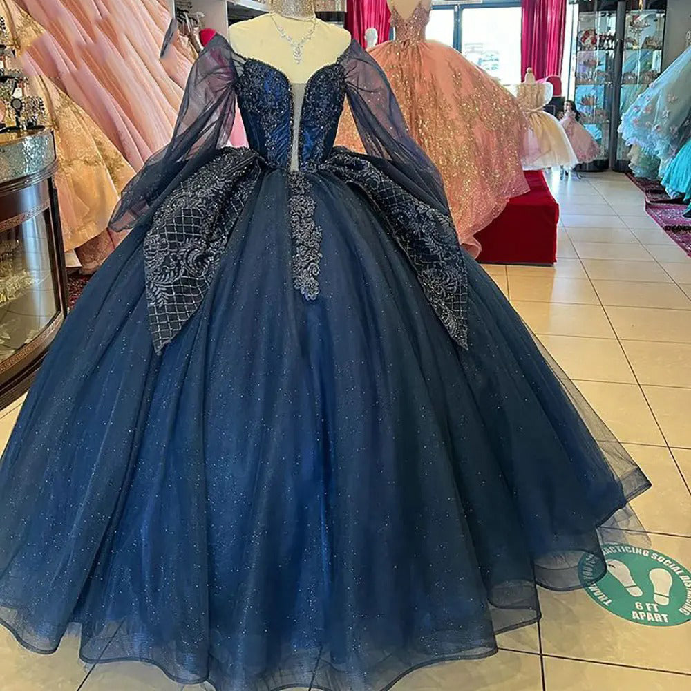 Navy Blue Long Sleeve Tiered Ruffles Quinceanera Dresses Ball Gown Beading Appliques Lace Off Shoulder Princess Sweet 16 Birthday Party Gown