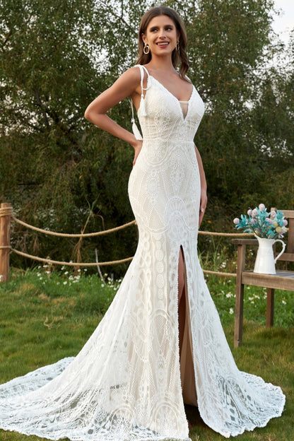 WW1003 - Elegant Mermaid Low V Neck Spaghetti Straps Sleeveless Bohemian Wedding Dress Fully Lace Open Back High Side Slit Court Train Bridal Gown