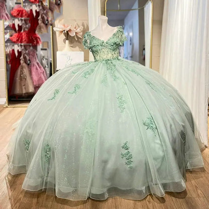 Mint Green Sparkly V-Neck Quinceanera Dresses Appliques Lace Beads Corset Glitter Tulle Bow Sweet 15 16 Birthday Party Ball Gowns