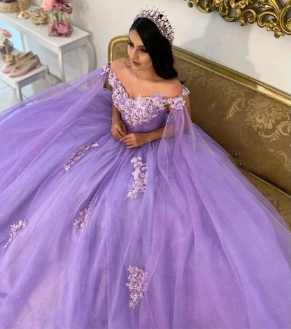 Robes de Quinceanera lavande à épaules dénudées, robe de bal, fleurs 3D, appliques en dentelle, tulle gonflé, perles, robes Sweet 16, robes de soirée, 2024