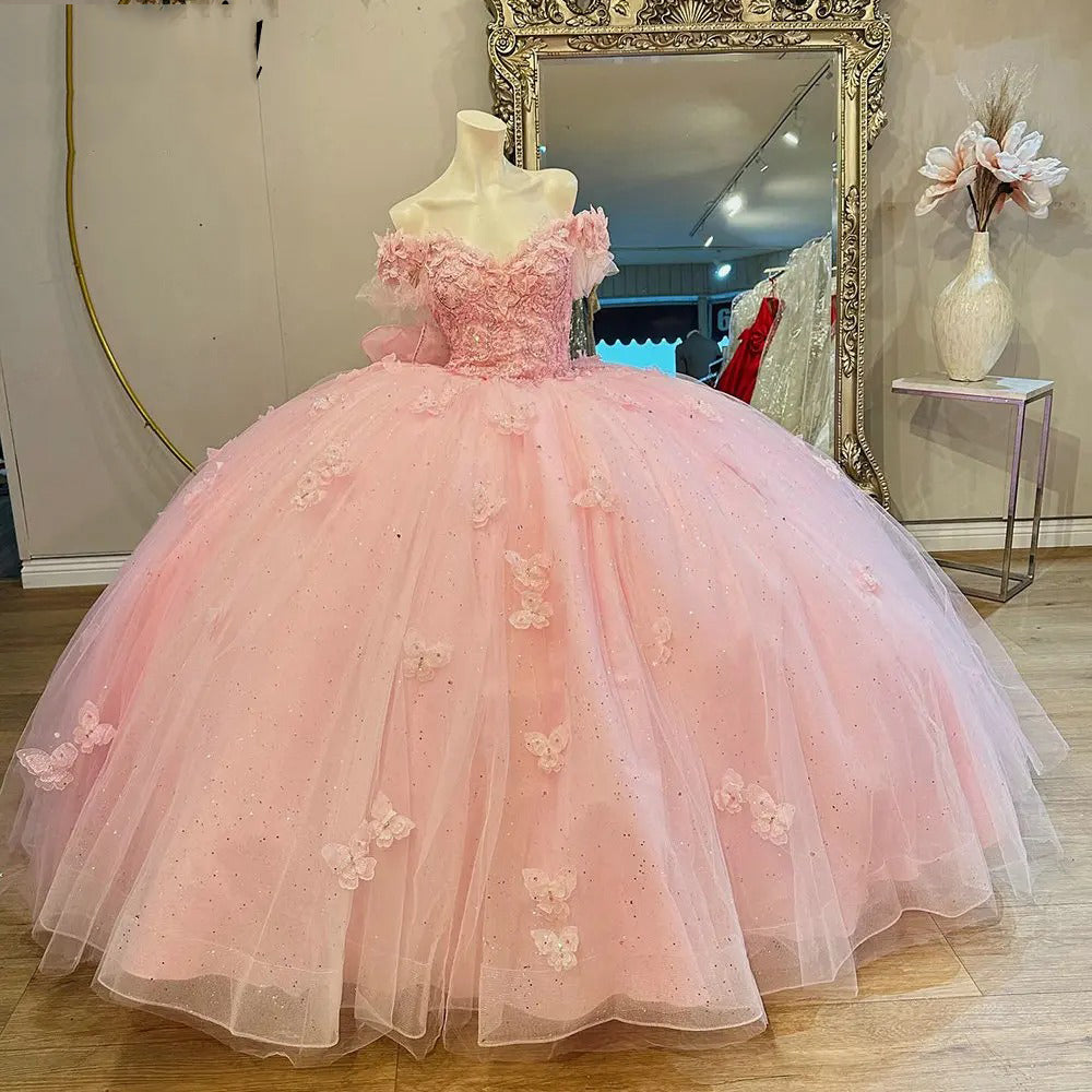 Pink Off The Shoulder 3D Butterfly Sequin Quinceanera Dresses Puffy Ball Gown Beading Appliques Lace Bow Tulle Sweet 16 Princess Party Gown