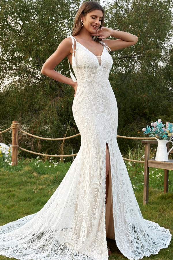 WW1003 - Elegant Mermaid Low V Neck Spaghetti Straps Sleeveless Bohemian Wedding Dress Fully Lace Open Back High Side Slit Court Train Bridal Gown