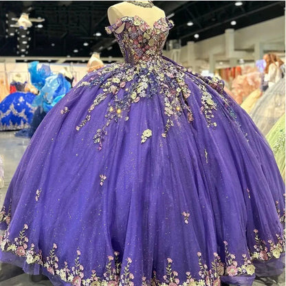 Purple Shiny Quinceanera Dresses 3D Floral Applique Lace Off Shoulder Beaded Birthday Princess Formal Sweet 15 16 Ball Gowns