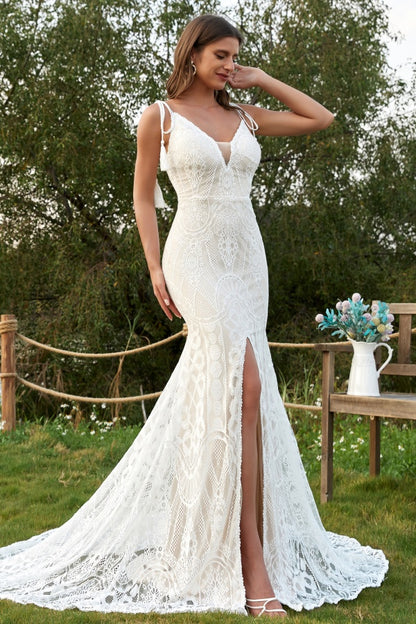 WW1003 - Elegant Mermaid Low V Neck Spaghetti Straps Sleeveless Bohemian Wedding Dress Fully Lace Open Back High Side Slit Court Train Bridal Gown