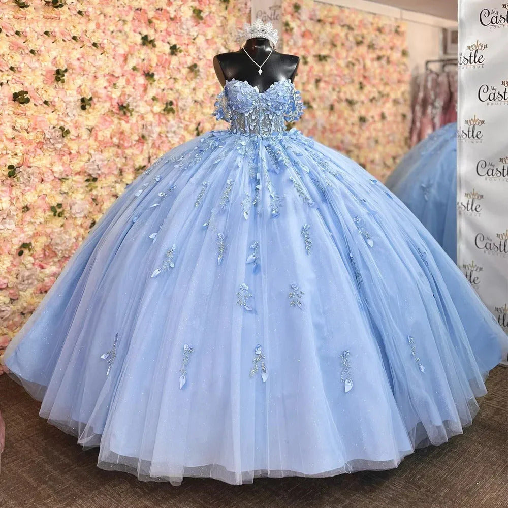 Robe de Quinceanera bleu ciel scintillante à épaules dénudées, robe de bal en cœur, fleurs, appliques, corset perlé, tulle, robe de bal, robe de soirée Sweet 16 pour juniors