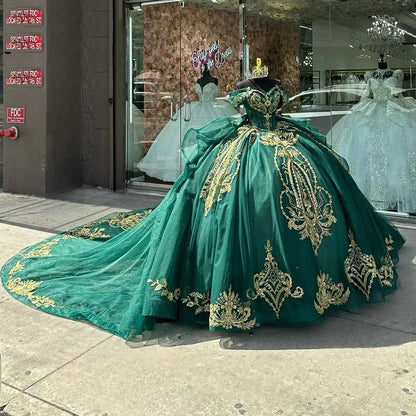 Emerald Green Off The Shoulder Beading Corset Ruffles Quinceanera Dress Ball Gown Gold Lace Appliques Princess Sweet 15 16 Birthday Party Gown