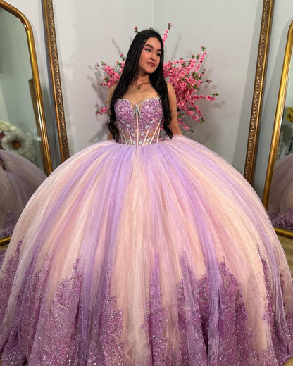 Strapless Sweetheart Corset Ball Gown 2024 Princess Quinceanera Dresses Lace Appliques Sparkly Beaded Tulle Formal Prom Party Gowns Sweet 16 Dress