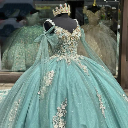 Robe de Quinceanera vert menthe 2024, robe de bal en tulle pailleté, décolleté en cœur, fleurs 3D, appliques en dentelle, robe perlée Sweet 16 pour femmes