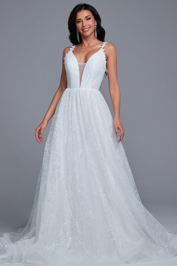 A-Line Low V Neck Spaghetti Straps Appliques Tulle Wedding Dress WW1007