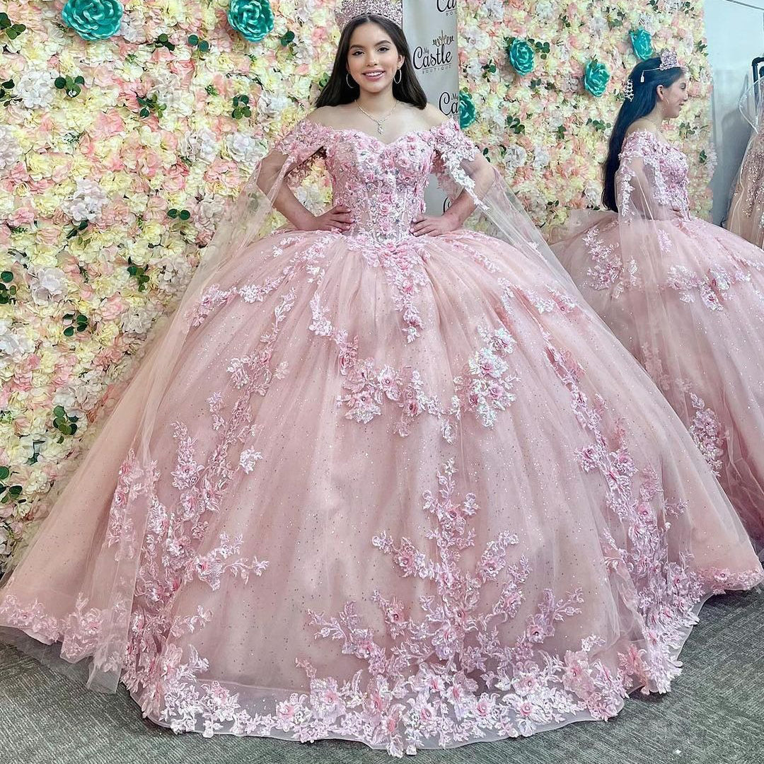 Rosa Prinzessin Sweetheart Korsett Ballkleid Off Shoulder Quinceanera Kleid Spitzenapplikationen Funkelnde Perlen Tüll Geburtstagsparty Kleider Sweet 16 Kleider