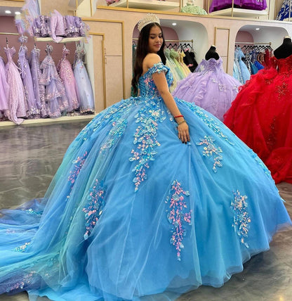 Blaue Quinceanera-Kleider, 3D-Blumenspitze, Applikationen, schulterfrei, Perlenkorsett, funkelnder Tüll, Sweet 16 Princess Birthday Party Prom Ballkleid