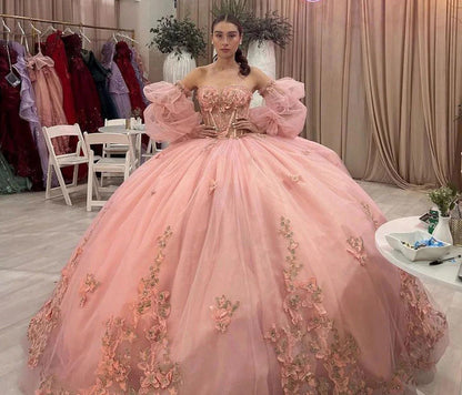 Pink 3D Flowers Lace Appliques 2024 Quinceanera Dress Ball Gown with Puff Sleeves Sweetheart Neck Beaded Corset Princess Party Gown