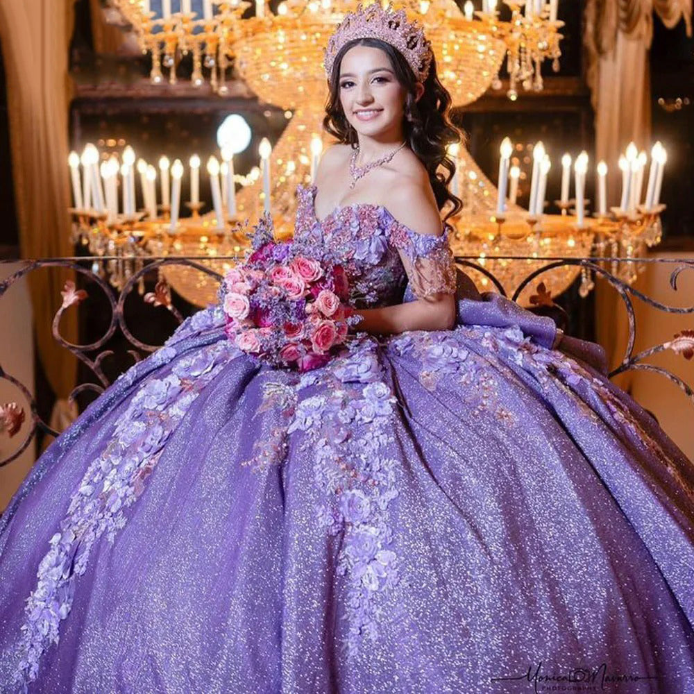 Luxury Purple Off Shoulder Sweetheart Quinceanera Dresses 2024 Beads 3D Floral Applique Lace Tiered Ruffles Sweet 15 16 Birthday Party Ball Gowns