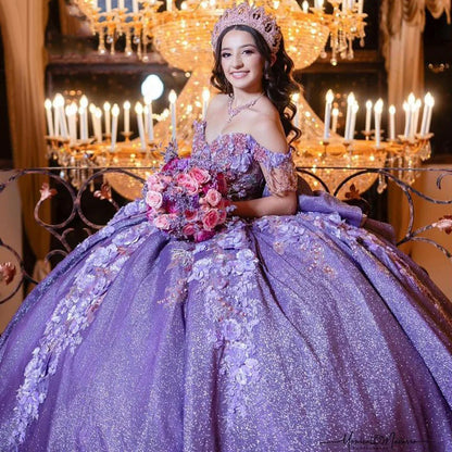 Luxury Purple Off Shoulder Sweetheart Quinceanera Dresses 2024 Beads 3D Floral Applique Lace Tiered Ruffles Sweet 15 16 Birthday Party Ball Gowns