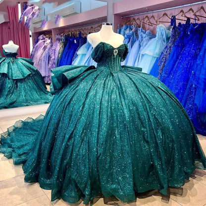 Emerald Green Sparkly Quinceanera Dresses Ball Gown Off Shoulder Tiered Ruffle Glitter Tulle Sweet 16 Dress Beads Corset Princess Party Gowns