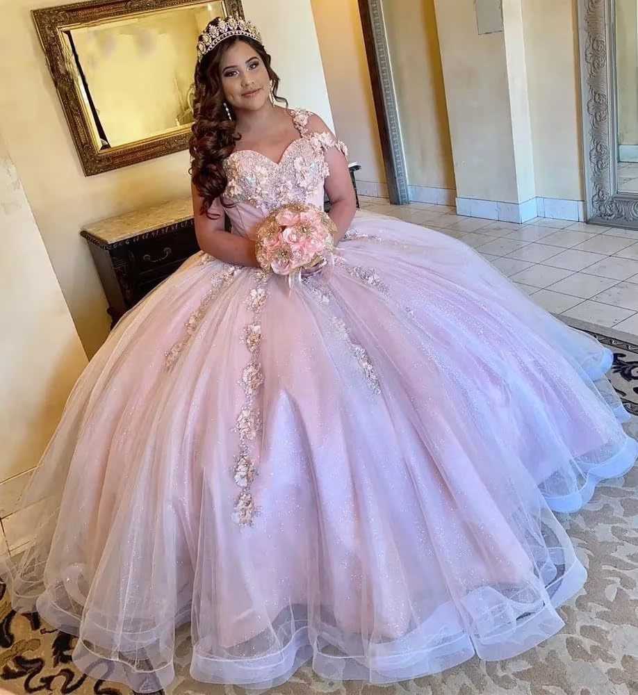 Robe de Quinceanera à une épaule, robe de bal de princesse rose, appliques en dentelle florale 3D, perles scintillantes, décolleté en cœur, tulle bouffant, robes Sweet 16