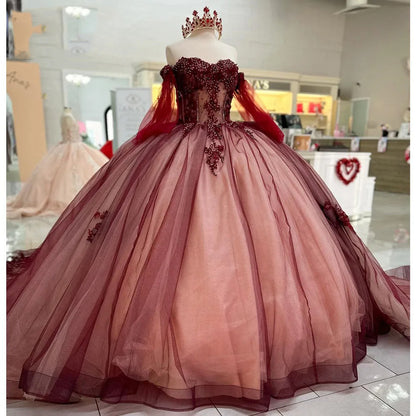 Prinzessin Weinrot Ballkleid Quinceanera Kleid mit langen Ärmeln 2024 3D Blumen Spitzenapplikationen Off Shoulder Perlen Sweet 16 Kleid Geburtstagsparty Kleid