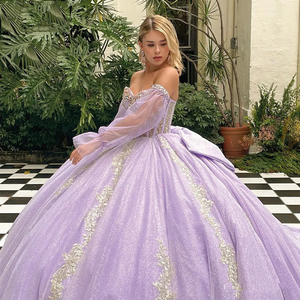 Lilac Princess Quinceanera Dresses with Long Sleeve Glitter Strapless Corset Lace Appliques Beaded Bow Sparkly Prom Party Gown Sweet 16 Dress