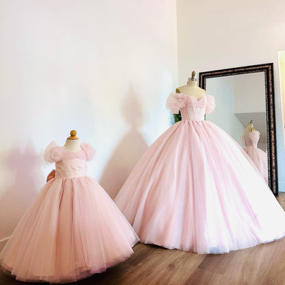 Rosa Prinzessin Quinceanera Kleider Ballkleid Tüll Schulterfrei Puffärmel A Linie Herzausschnitt Lange Ballkleider Sweet 16 Kleid