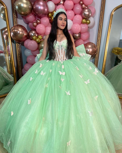 WQ1126 - Chic & Modern Ball Gown Sweetheart Neck 3D Butterfly Appliques Bow Knot Mint Green Tulle Princess Evening Party  Gown Quinceanera Dress for Sweet 16