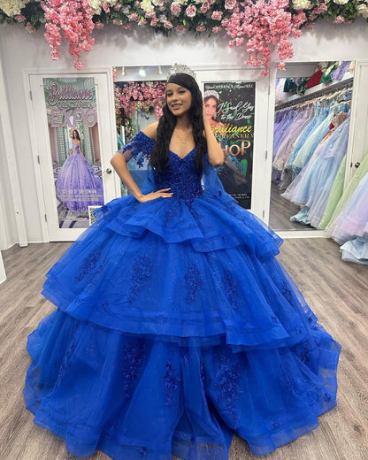 WQ1127 - Elegant & Gorgeous Ball Gown Off Shoulder Flowers Lace Appliques Beaded Tiered Ruffles Royal Blue Tulle Princess Evening Party Gown Quinceanera Dress for Sweet 16