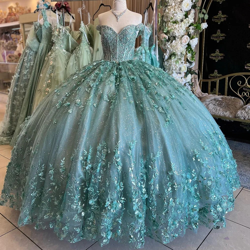 Robe de bal verte à épaules dénudées et corset en cœur, robe de princesse Quinceanera, en dentelle scintillante, avec appliques en tulle perlé, à volants étagés, robe Sweet 16, robe de soirée