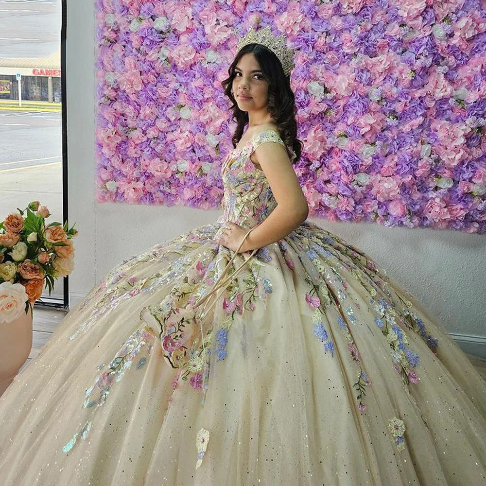 WQ1196 - Luxury & Glamorous Ball Gown Off Shoulder 3D Floral Applique Beaded Tulle Quinceanera Dress Birthday Party Gown for Sweet 16