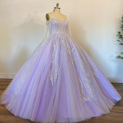 WQ1074 - Elegant Ball Gown Off Shoulder Long Sleeves Lace Appliques Lavender Tulle Princess Gown Quinceanera Dress for Sweet 16 Evening Dress