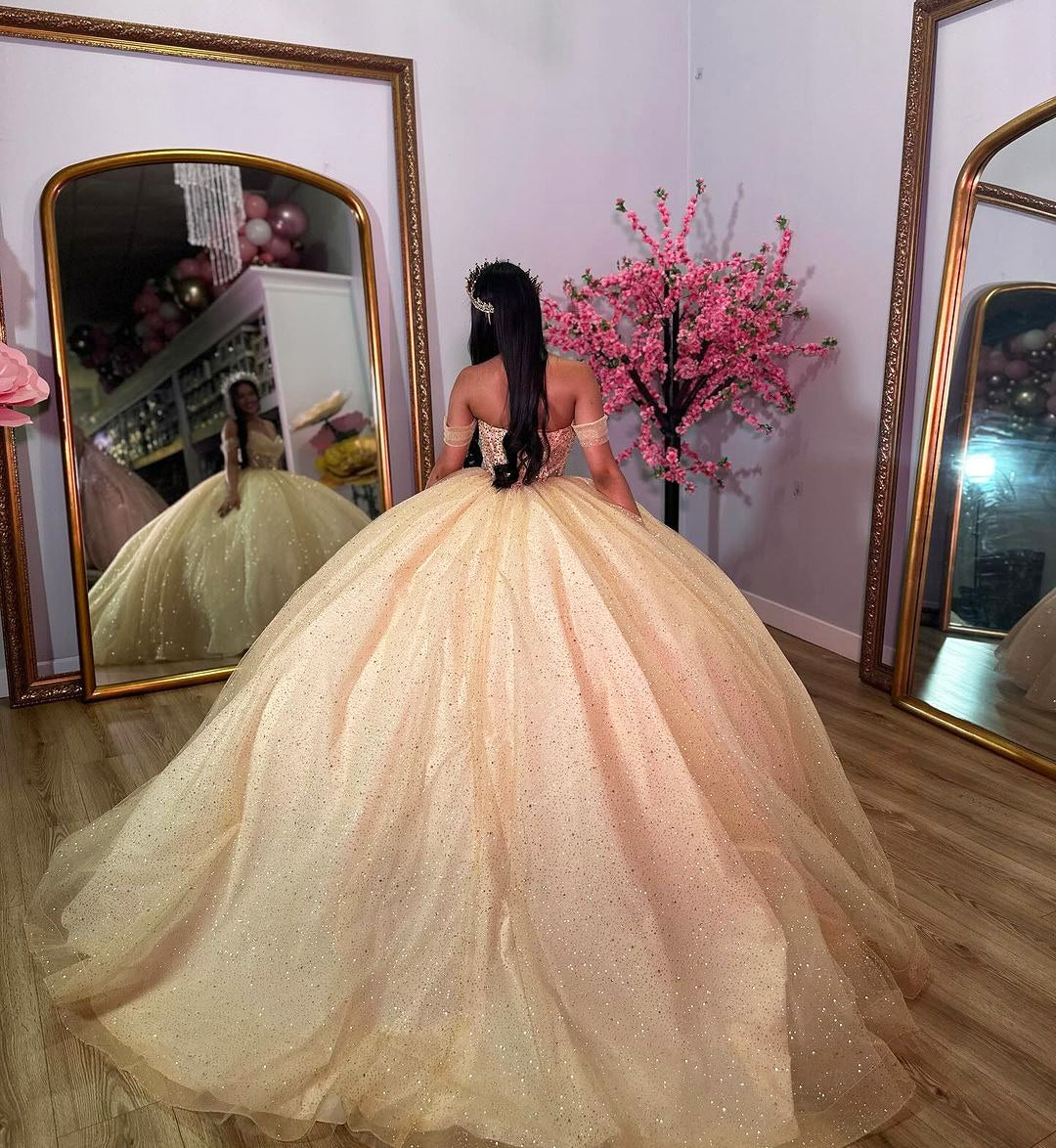 WQ1151 - Gorgeous Ball Gown Off Shoulder Sleeveless Beaded Tulle Quinceanera Dress Princess Evening Party Gown for Sweet 16