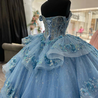 WQ1088 - Ball Gown Off Shoulder Tiered 3D Flowers Appliques Light Blue TulleQuinceanera Dresses Princess Formal Evening Party Gown for Sweet 16