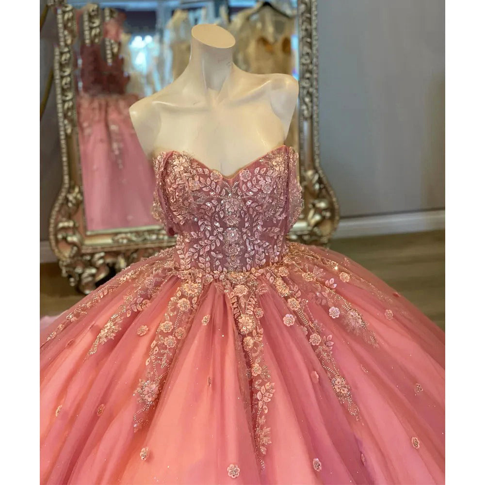 Sparkly Pink Floral Quinceanera Dresses Ball Off the Shoulder Applique Beads Corset Tulle Prom Dress Birthday Party Gowns For Girls Sweet 16 Dress