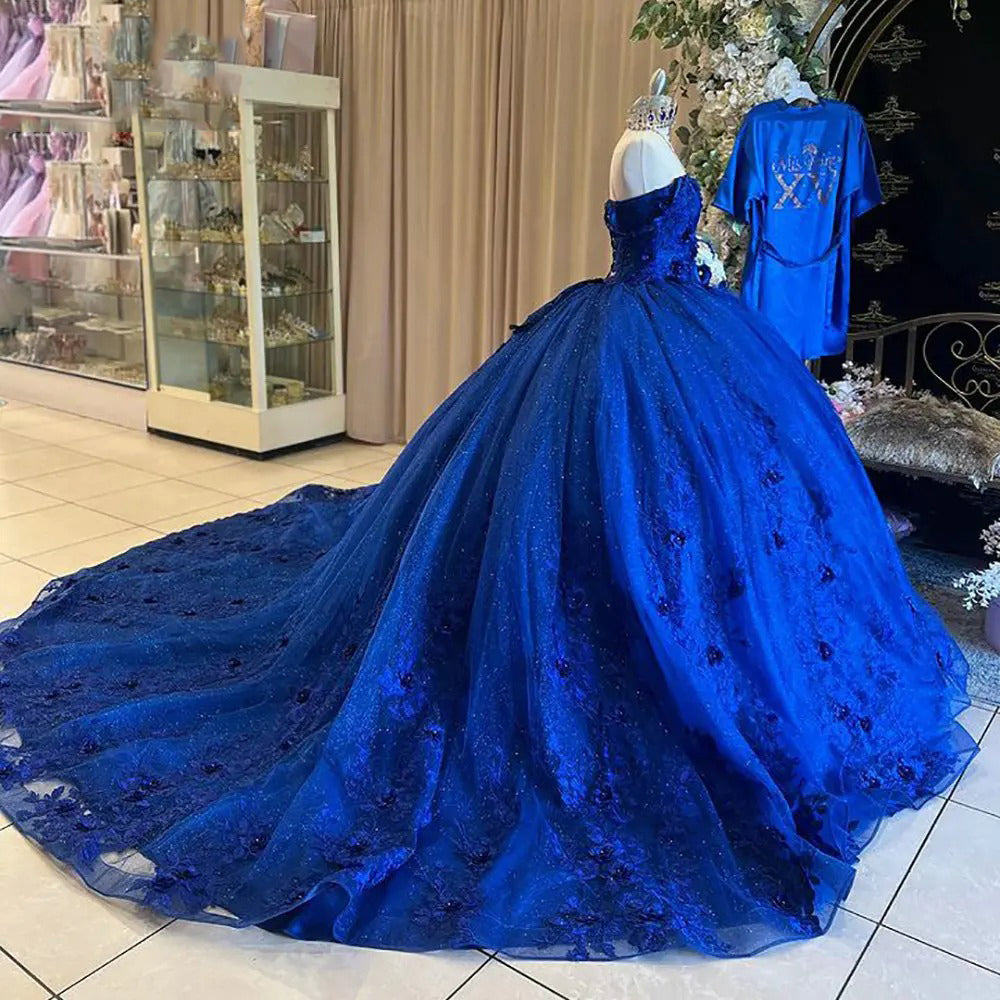 Royal Blue Glitter 3D Flowers Quinceanera Dresses Ball Gown Off The Shoulder Appliques Lace Beads Princess Sweet 16 Birthday Party Prom Dress