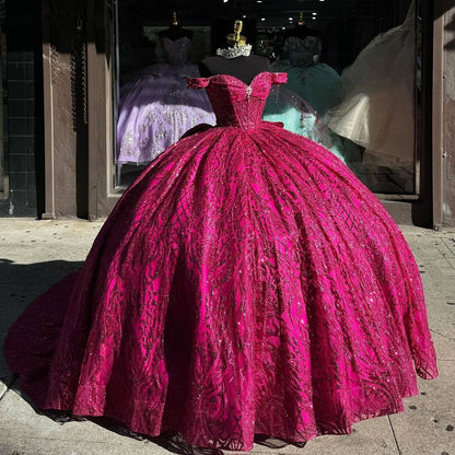 WQ1148 - Chic & Modern Ball Gown Off Shoulder Sweetheart Neck Hot Pink Tulle Quinceanera Dress Princess Evening Party Gown for Sweet 16 Dress