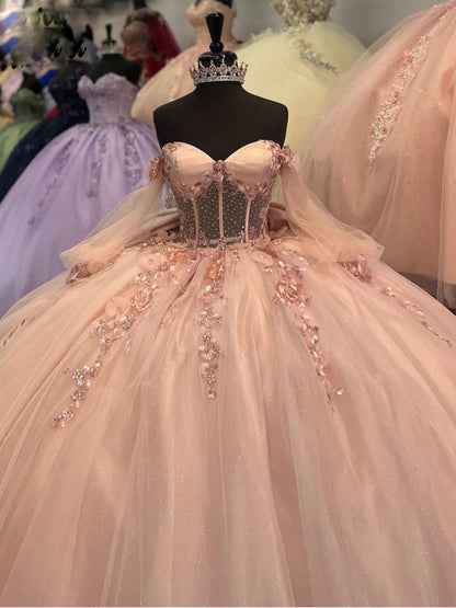 Robe de Quinceanera rose à épaules dénudées, corset en tulle, robe de bal de princesse, avec perles et fleurs 3D, robe de soirée Sweet 15 16