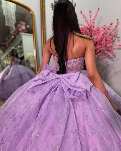 WQ1152 - Chic & Glitter Ball Gown Strapless Tiered Bow Knot Lilac Tulle Quinceanera DressPrincess Evening Party Gown for Sweet 16