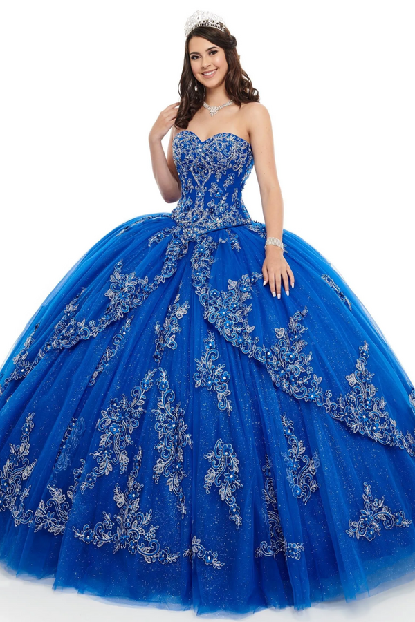 Strapless Sleeveless Flower Appliques Royal Blue Sweet 15 Quinceanera Dress WQ1267