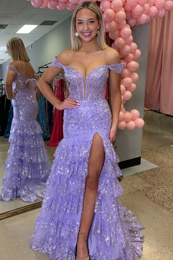 WU1006 - Schickes und modernes Meerjungfrauen-A-Linien-Abendkleid mit schulterfreien Applikationen, Pailletten, Spitze, Stufenkleid in Babyrosa, mit hohem Seitenschlitz und Schleppe