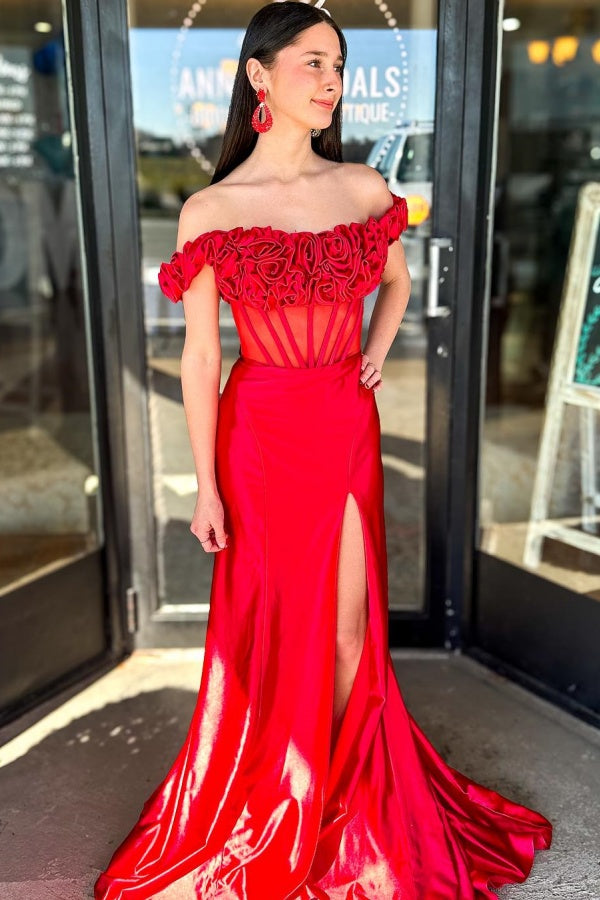 WU1099 - Elegante y hermoso vestido de noche formal con hombros descubiertos, sin mangas, flores 3D, espalda fruncida, cremallera y abertura lateral alta, vestido de fiesta para invitada de boda.